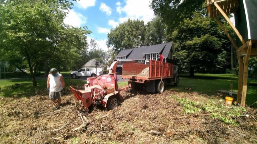 Crew feeding brush into a wood chipper beside a loaded dump truck